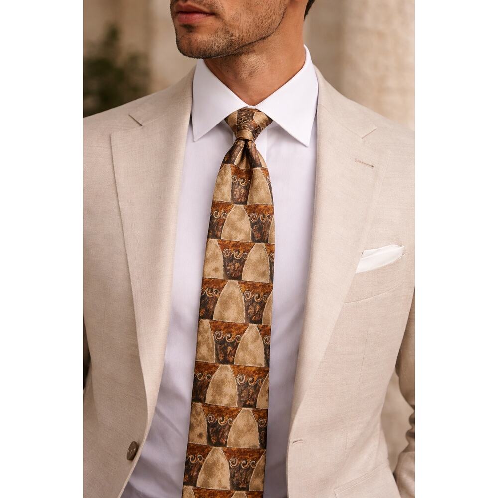 Ermenegildo Zegna Silk Tie Brown Geometric Pattern Luxury Designer Necktie Italy